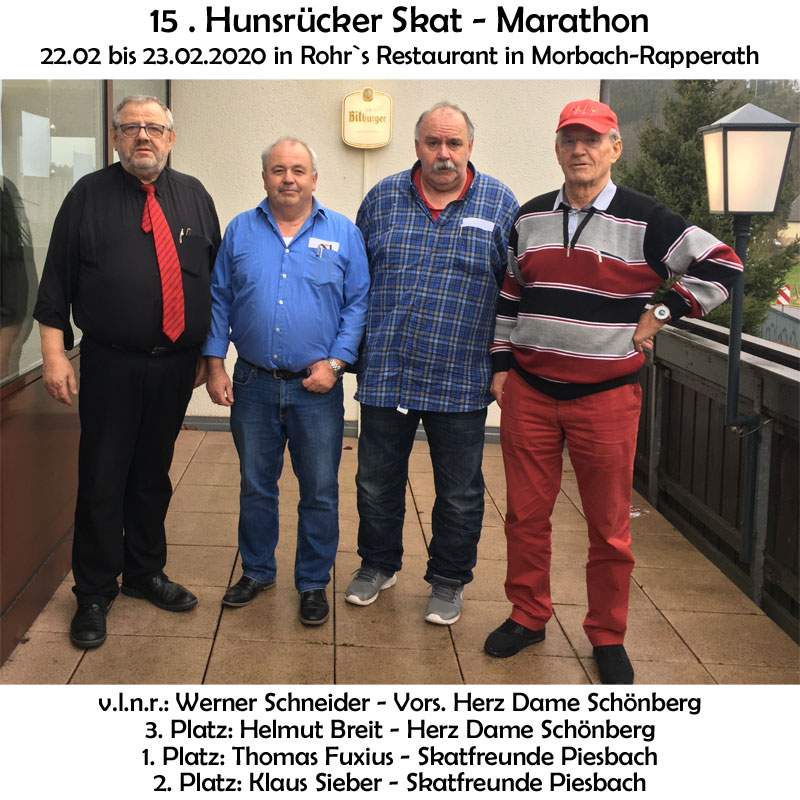 93 Skatfreunde, darunter rund 50 aus ganz Rheinland-Pfalz und  20 aus dem Saarland, haben dem ausrichtenden Verein Herz Dame Schönberg beim 15. Skatmarathon ein volles Haus in Rohrs Restaurant in Rapperath beschert. 
Unter den .....