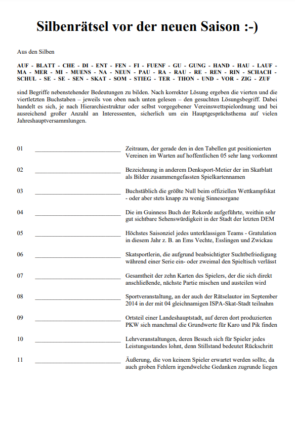 Silbenrätsel vor der neuen Saison
